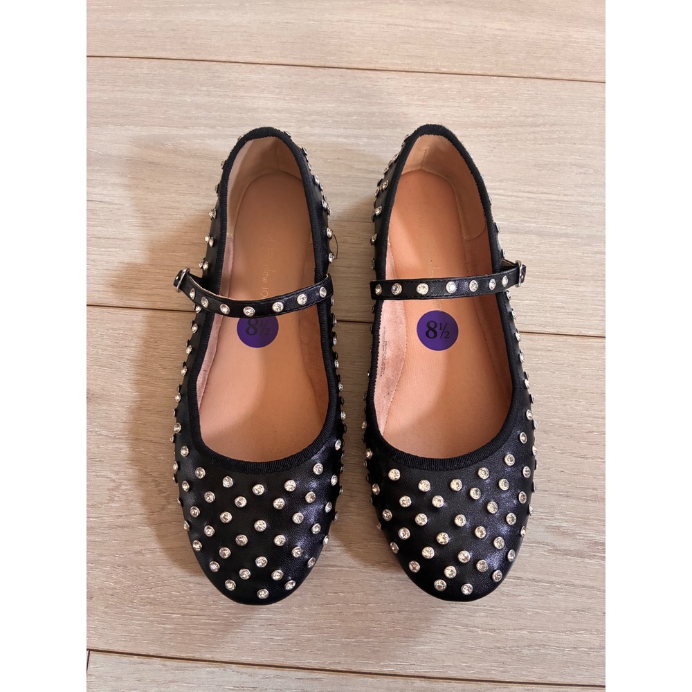 Flashy Black Rhinestone Embellished Mary Jane Pointed Toe Flats Size 8.5